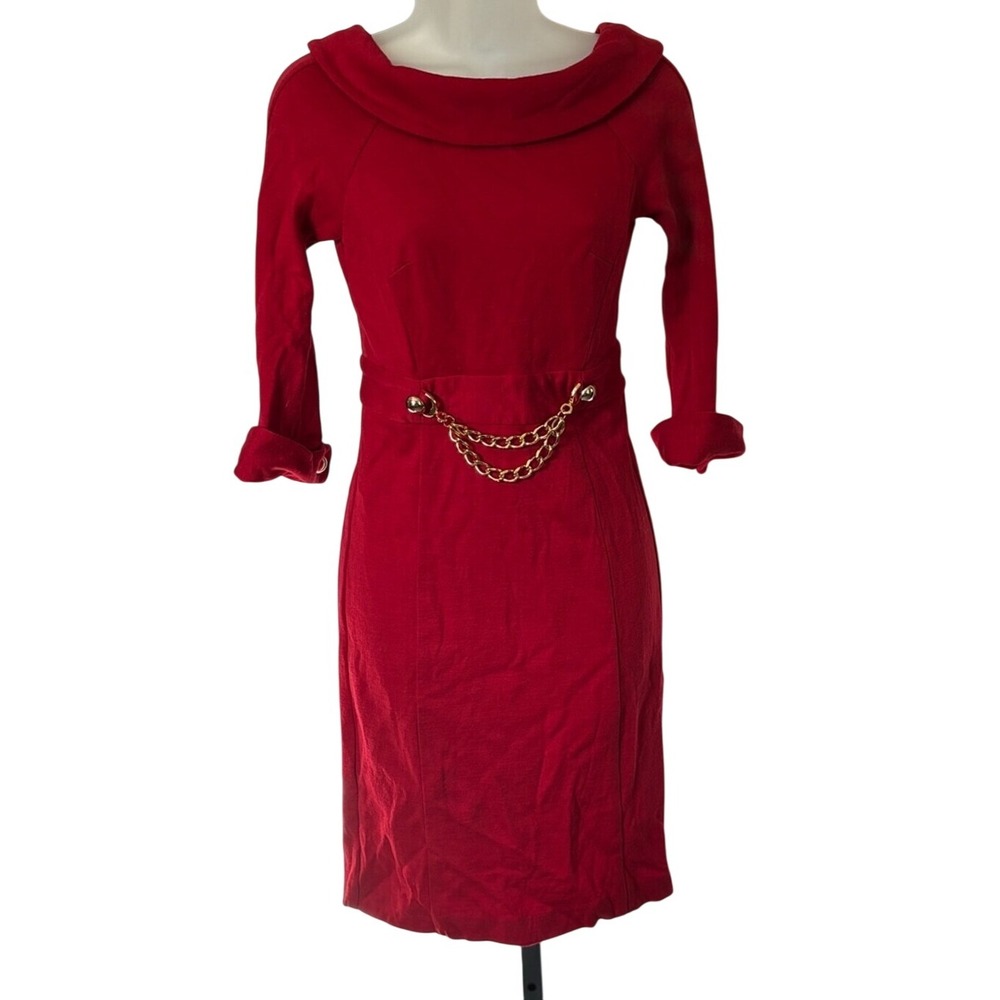 Milly of New York Vintage Red Wool Career Dress w/ Gold Chain‎ and Buttons Sz P